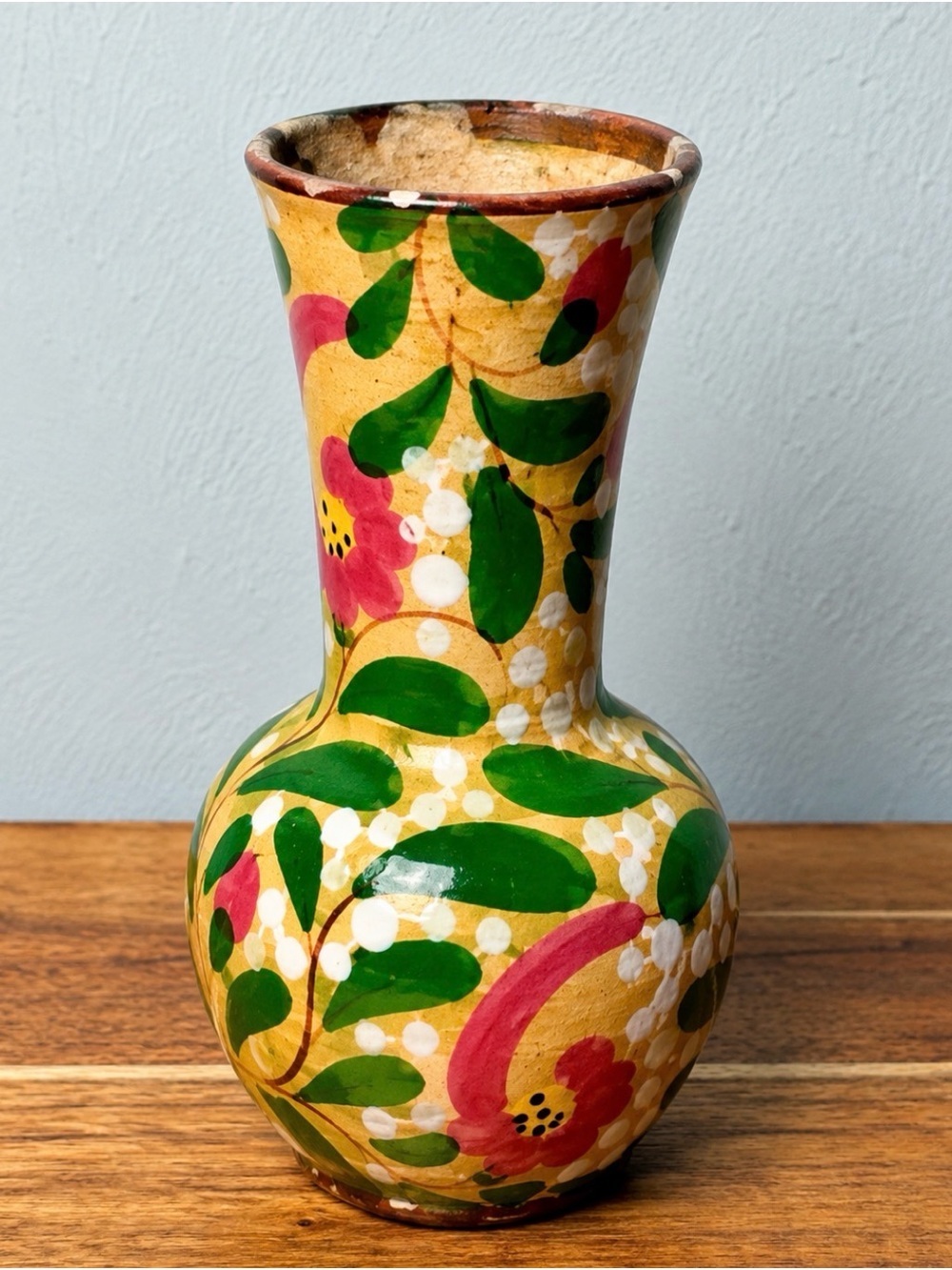 Vintage Italian Hand-Painted Yellow Floral Ceramic Vase with Pink Flowers